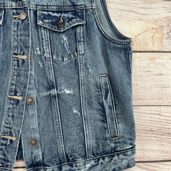 Kancan Distressed Denim Trucker Jean Vest Juniors Size XL Blue Medium Wash - Picture 6 of 15